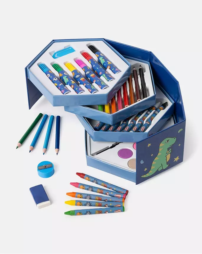 Set complet de artă Pepco cu creioane colorate, markere și pensule în cutie cu design de dinozaur.
