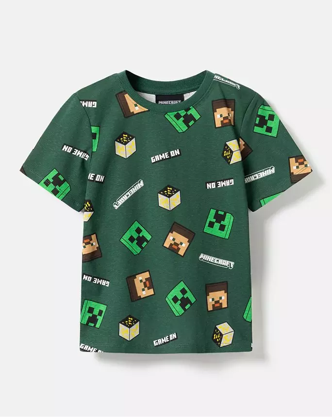 Tricou verde Pepco Minecraft cu imprimeu cu personaje și texte GAME ON.