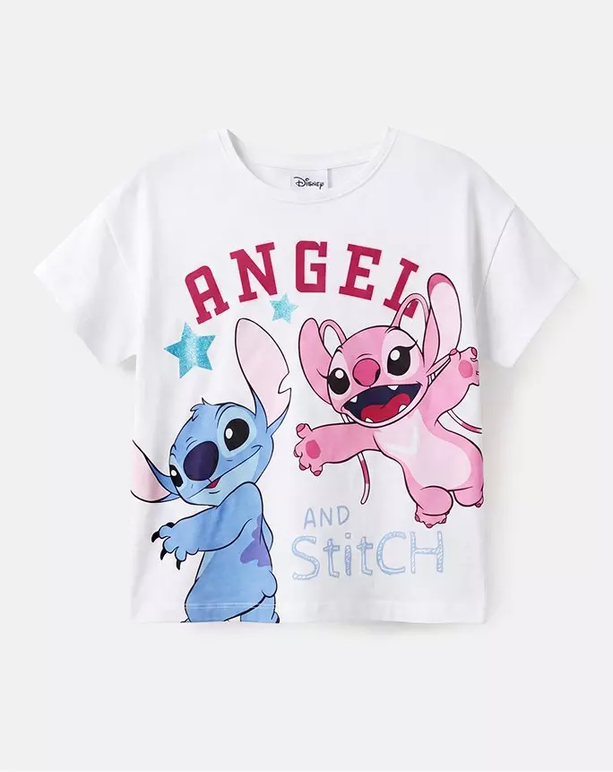 Tricou alb Pepco Disney cu personajele Angel și Stitch și text ANGEL AND Stitch.