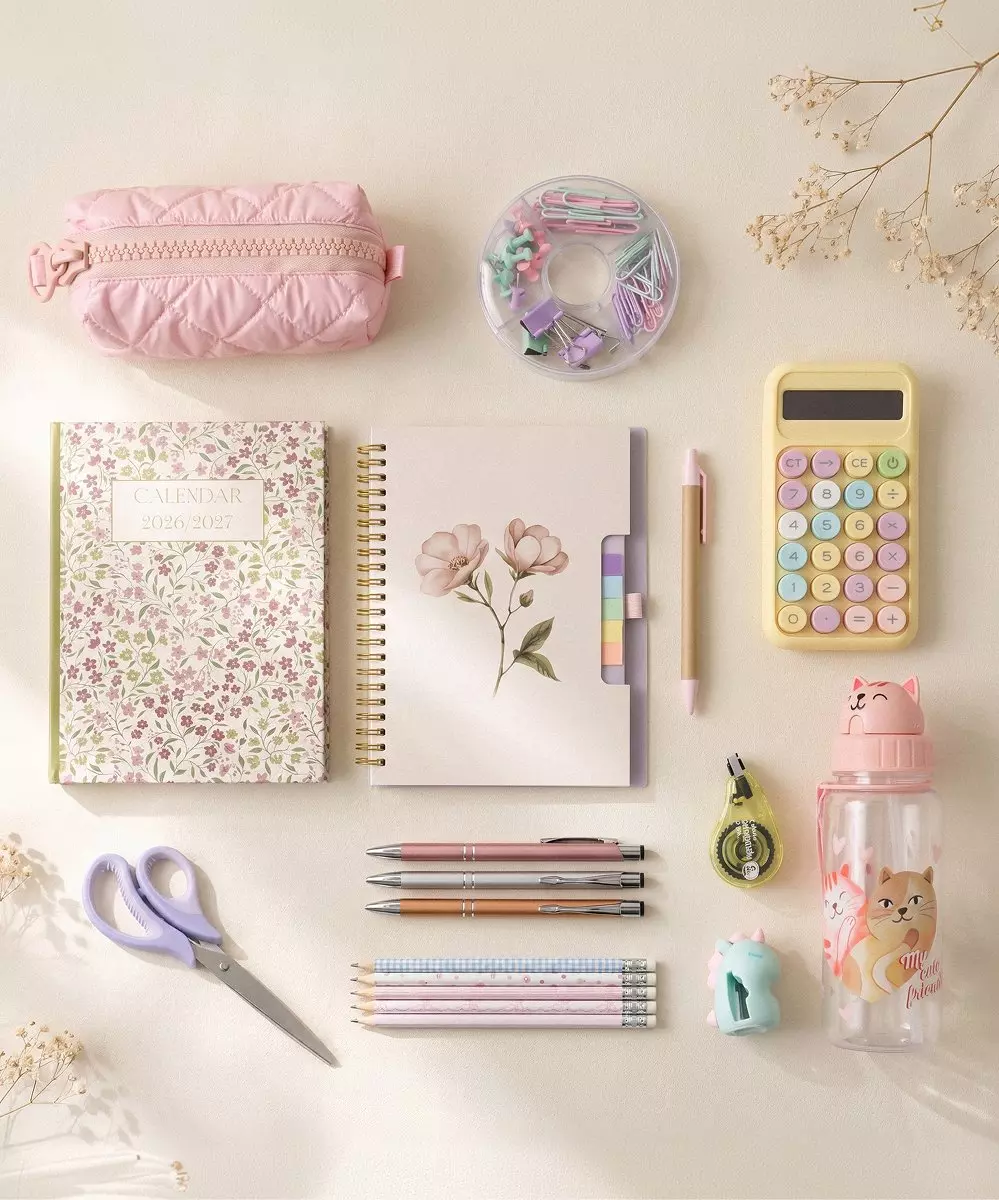 Articole de papetărie Pepco în nuanțe pastel, incluzând calendar, pixuri, calculator și sticlă cu design de pisică.