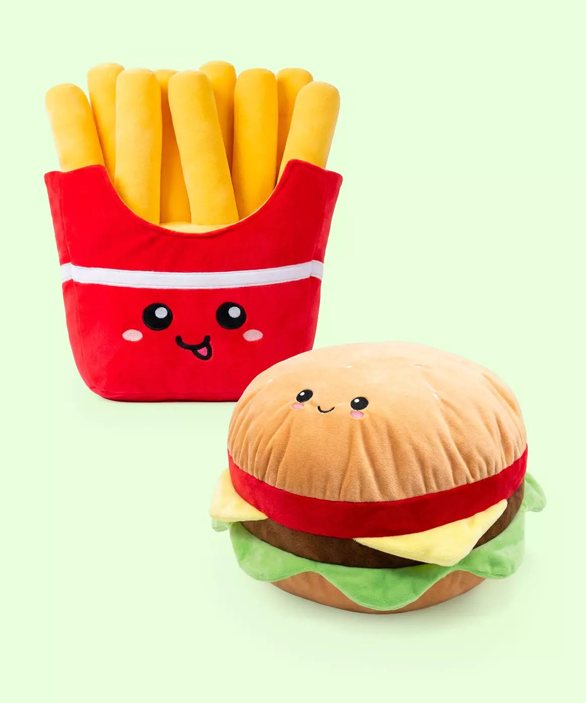 Pluszowe maskotki w kształcie frytek i hamburgera z uroczymi buźkami, idealne dla miłośników fast foodu.