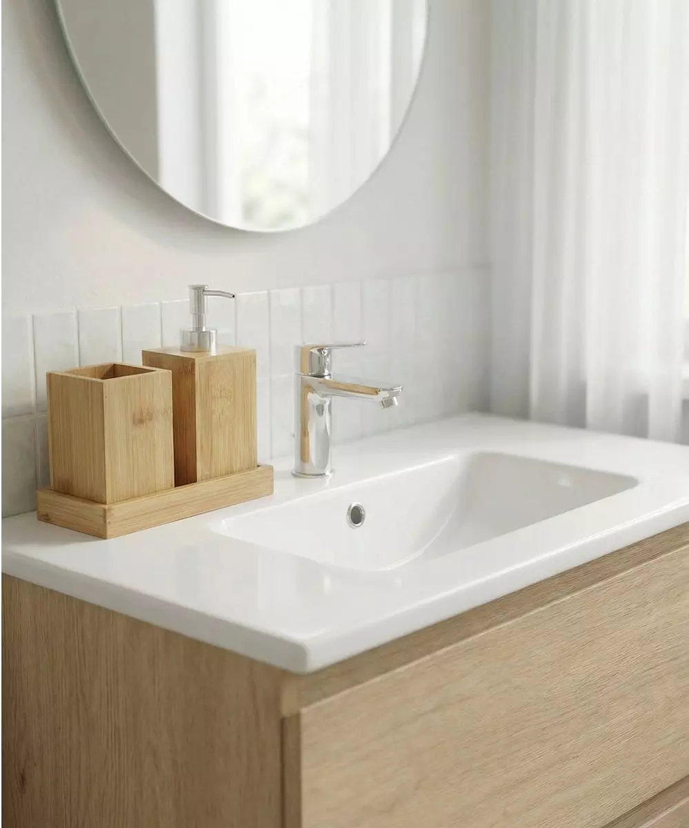 Lavabo blanco con mueble de madera, grifo cromado y accesorios de bambú bajo espejo redondo.