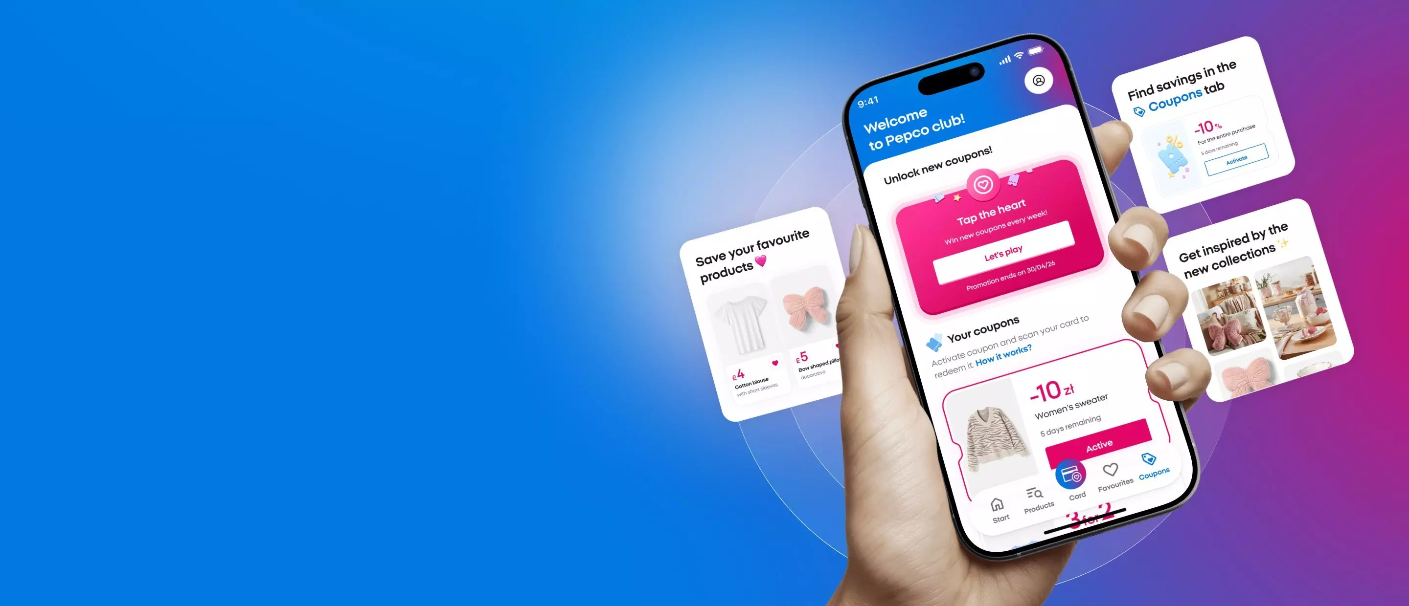 Hand holding smartphone displaying Pepco club app with coupon offers, product savings, and shopping features against purple-blue gradient background.