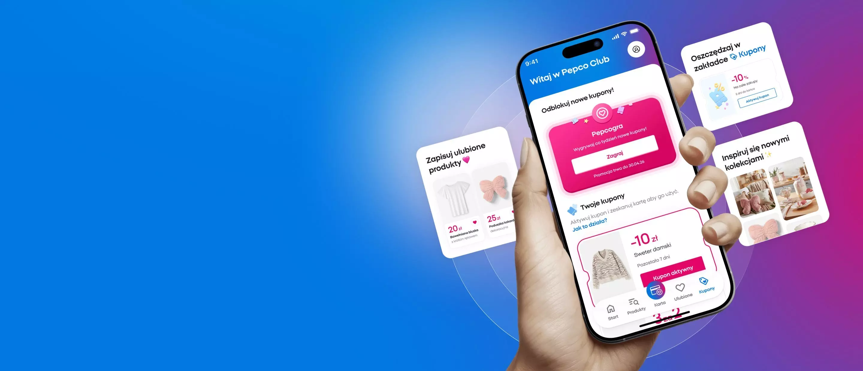 Dłoń trzymająca smartfon z aplikacją Pepco Club, pokazującą kupony rabatowe i ulubione produkty na kolorowym tle.
