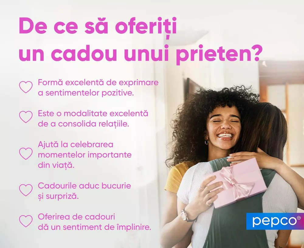 Două persoane îmbrățișându-se, una ținând un cadou roz, alături de text explicativ despre beneficiile oferirii cadourilor. Logo Pepco.