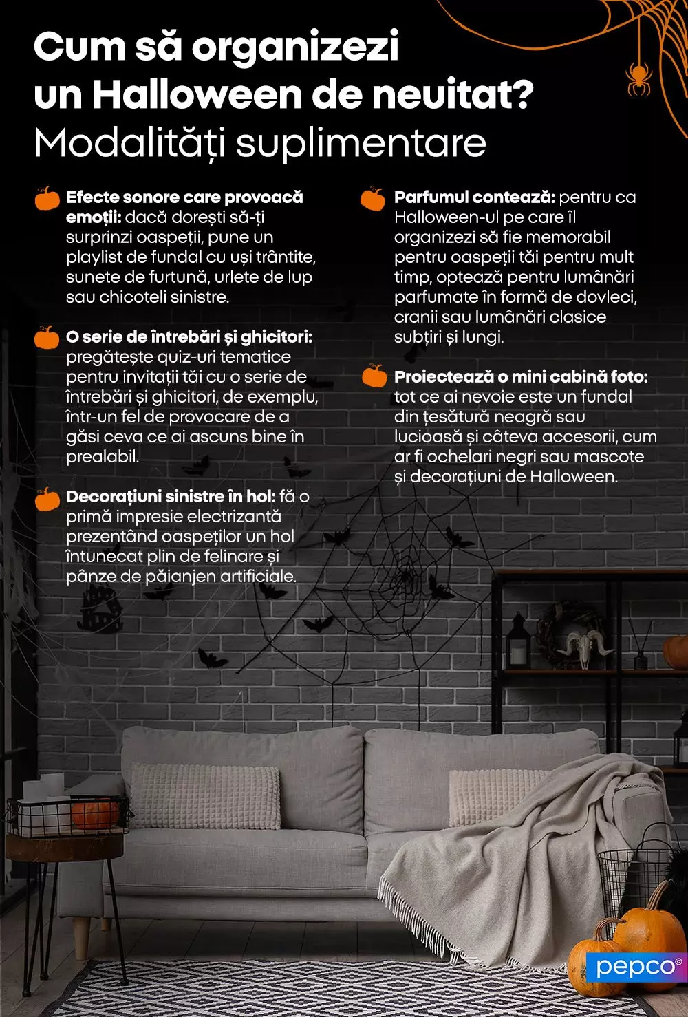 Ghid pentru organizarea unei petreceri de Halloween cu sfaturi despre decorațiuni, efecte sonore și activități pentru oaspeți.