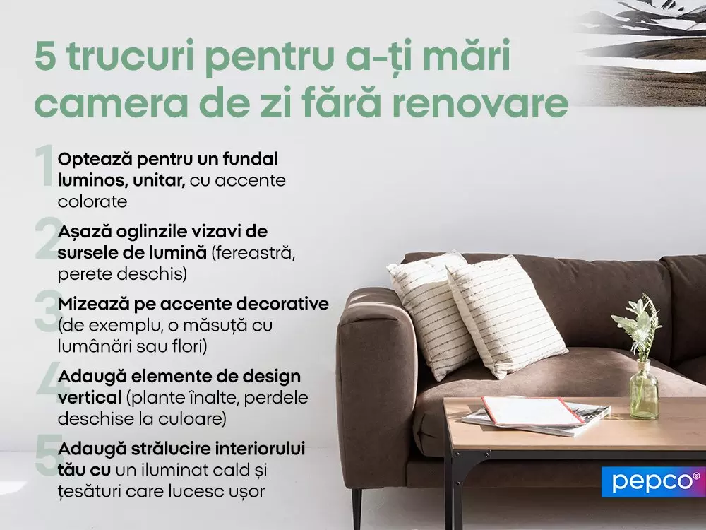 Cinci trucuri de design interior pentru camera de zi, cu canapea maro, perne decorative și masă de cafea.