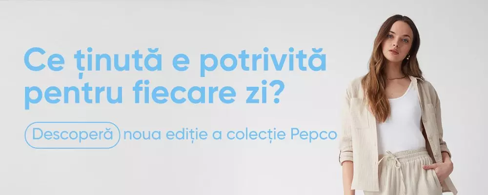 Persoană purtând ținută casual Pepco cu cămașă deschisă și pantaloni cu șnur, sub textul despre alegerea ținutei zilnice.