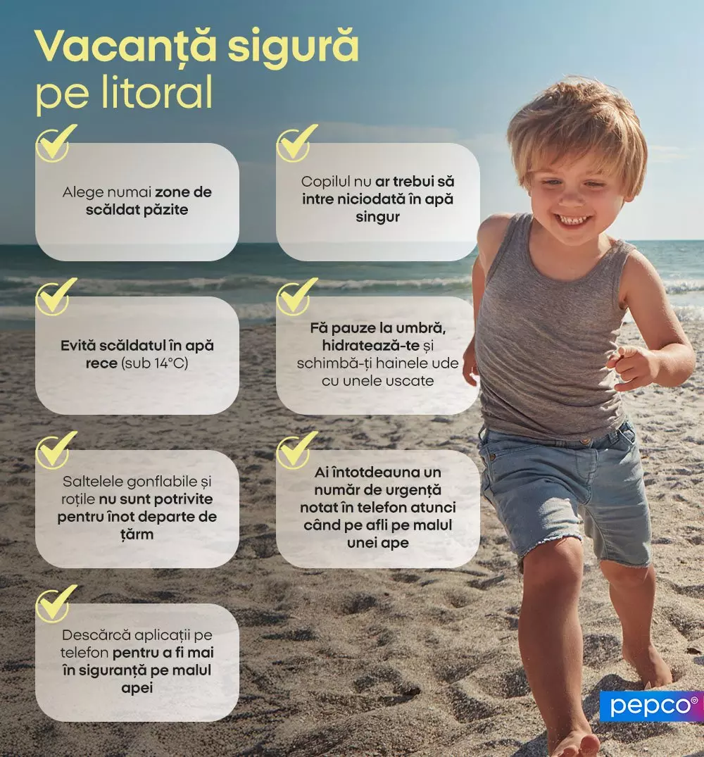 Copil zâmbind pe plajă alături de sfaturi de siguranță pentru vacanța la mare, prezentat de Pepco.
