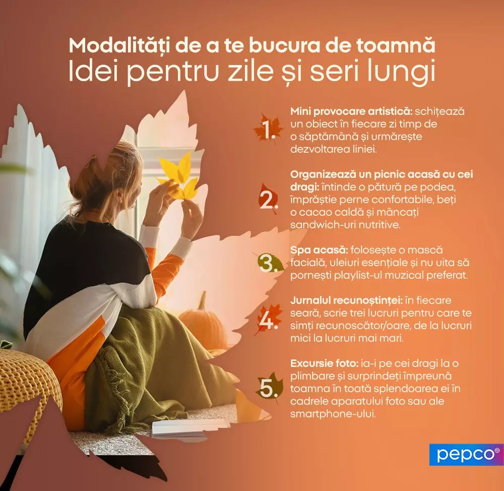 Persoană admirând o frunză de toamnă lângă fereastră, cu lista de 5 activități de sezon și logo-ul Pepco.