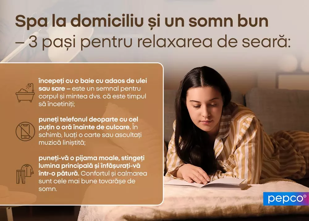 Femeie în pijama citind în pat, alături de sfaturi pentru relaxare seara: baie, fără telefon și pijama confortabilă.