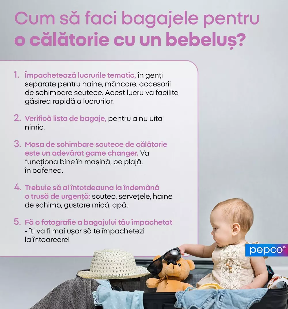 Bebeluș stând în valiză cu o jucărie de pluș, pălărie și ochelari de soare, lângă sfaturi pentru călătoria cu copii mici.