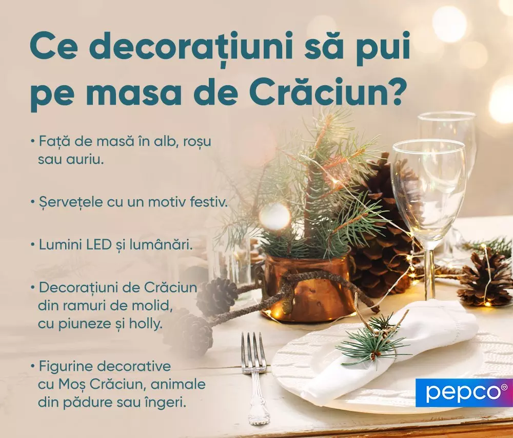 Imagine pentru decorațiuni de Crăciun de la Pepco, prezentând sugestii pentru masă festivă cu ramuri de brad, lumini și pahare elegante.