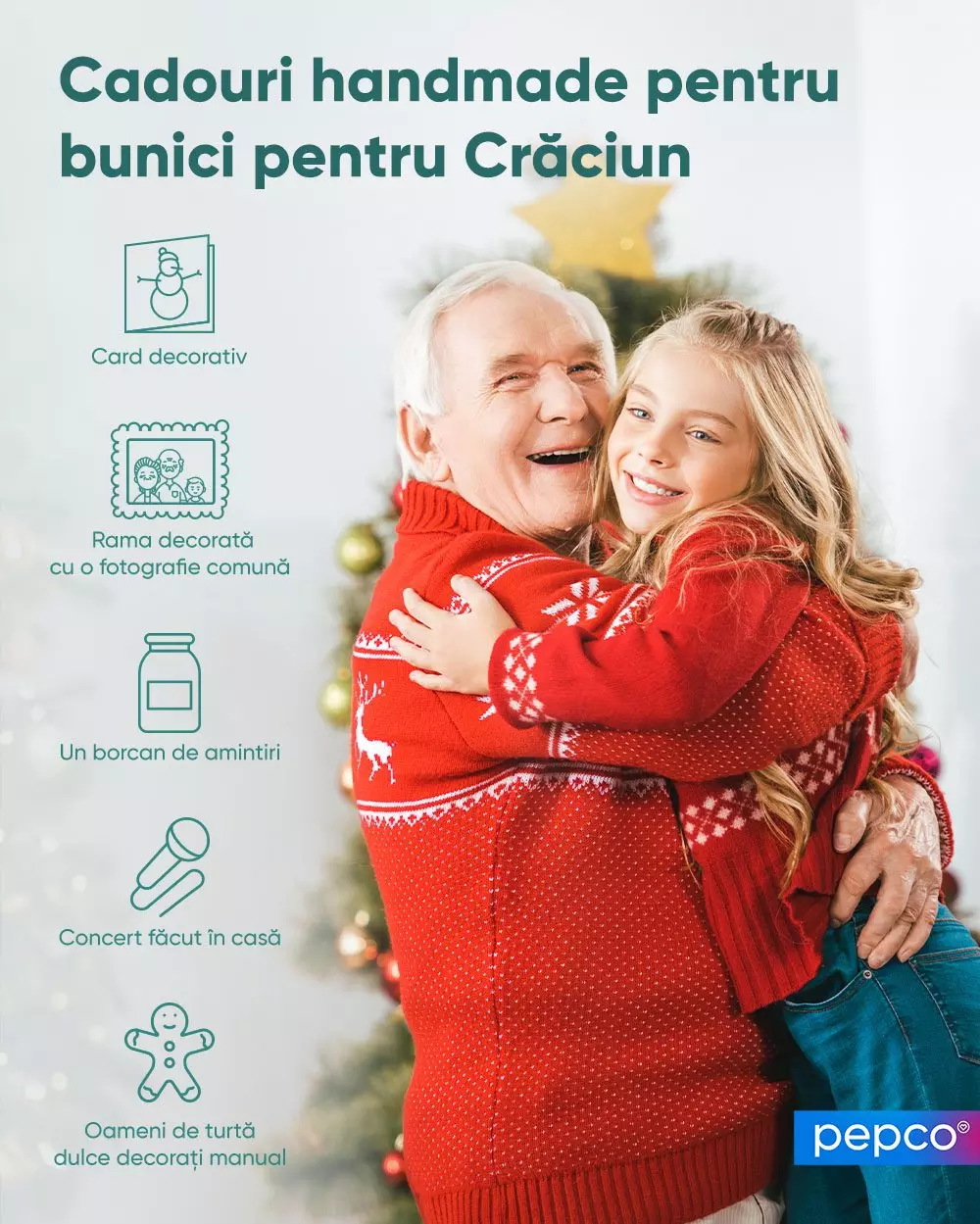 Bunic și nepoată îmbrăcați în pulovere roșii de Crăciun, îmbrățișându-se în fața bradului, cu idei de cadouri handmade afișate.