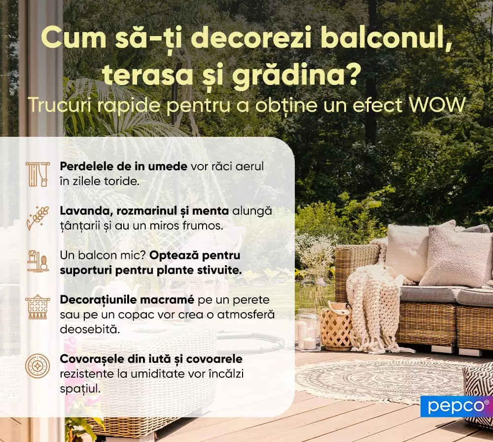 Sfaturi pentru decorarea balconului, terasei și grădinii, cu idei pentru plante, textile și accesorii pentru un efect WOW.