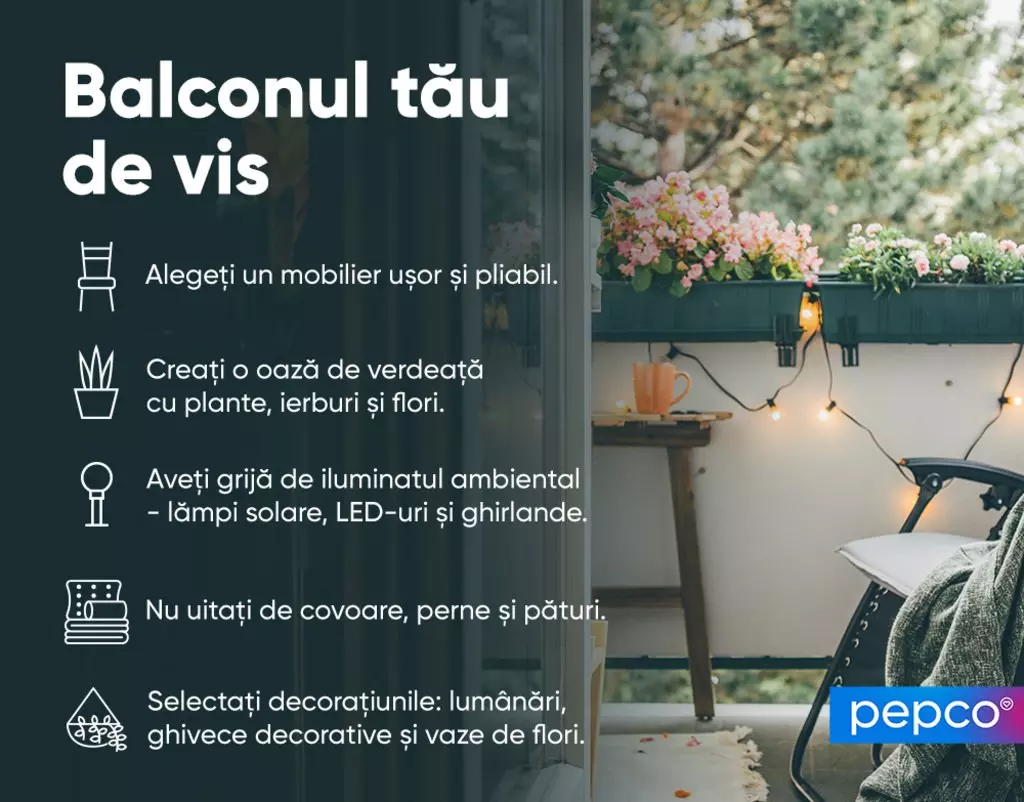 Balcon amenajat cu flori roz, ghirlande luminoase și mobilier confortabil, alături de sfaturi pentru decorarea balconului de vis Pepco.