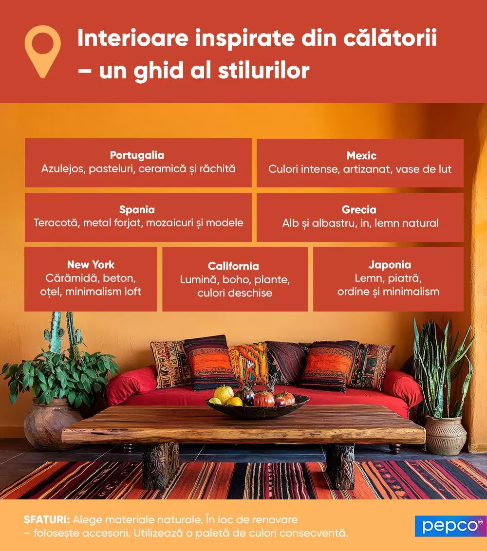 Ghid de stiluri de design interior inspirate din diverse țări, cu o canapea roșie și masă din lemn în stil mexican sau californian.