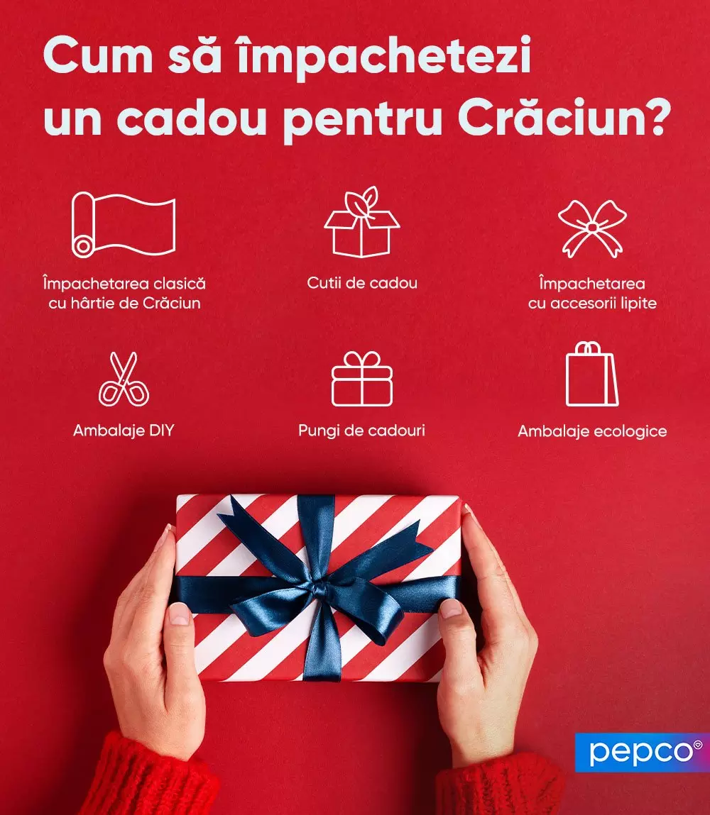 Mâini ținând un cadou împachetat în hârtie cu dungi roșii și albe, cu panglică albastră, pe fundal roșu Pepco.