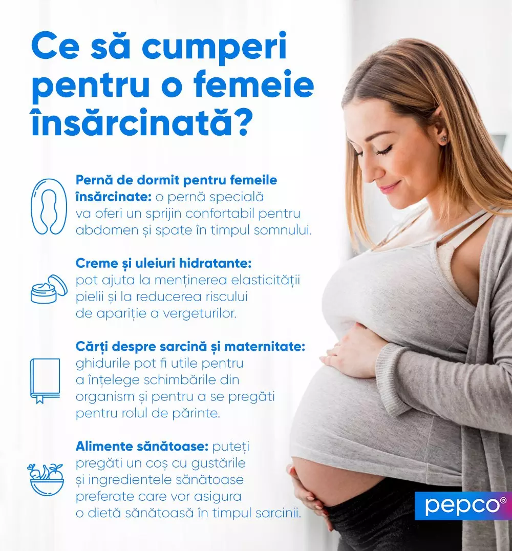 Femeie însărcinată ținându-și burtica, alături de recomandări pentru produse esențiale în sarcină de la Pepco.
