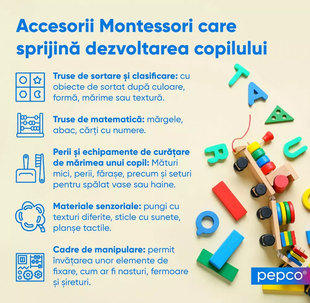 Accesorii educaționale Montessori cu jucării colorate din lemn pentru dezvoltarea copilului, inclusiv litere și forme geometrice.