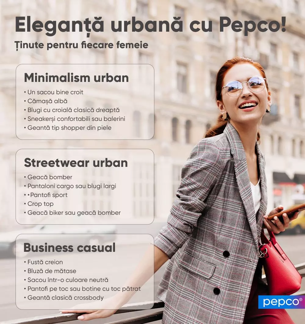 Femeie zâmbitoare purtând sacou în carouri, ochelari și geantă roșie, alături de sugestii de stil urban Pepco pentru femei.