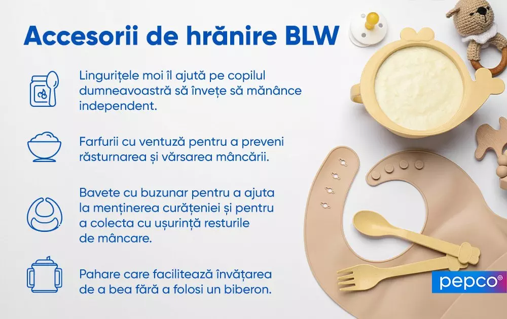 Accesorii de hrănire pentru bebeluși BLW, inclusiv farfurii, bavete și tacâmuri speciale pentru a încuraja alimentația independentă.