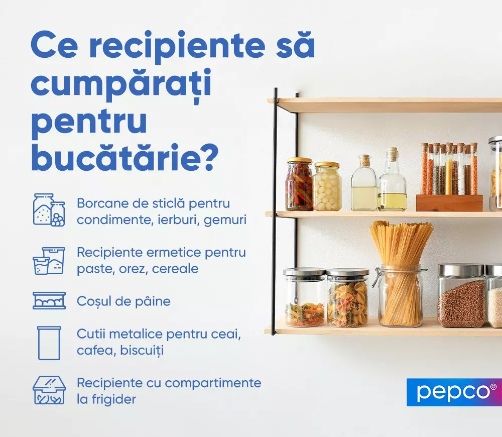 Rafturi cu recipiente de bucătărie Pepco: borcane de sticlă, cutii ermetice pentru alimente și paste, organizare practică pentru bucătărie.