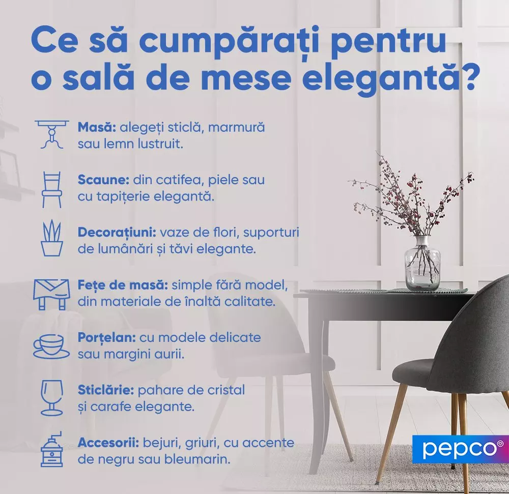Ghid de cumpărături pentru o sală de mese elegantă, cu recomandări pentru mobilier, decorațiuni și accesorii, de la Pepco.