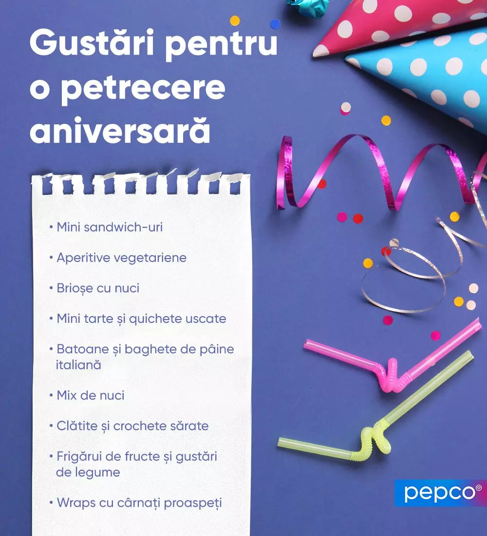 Meniu cu gustări pentru petrecere aniversară, decorat cu pălării de petrecere, panglici și paie colorate.