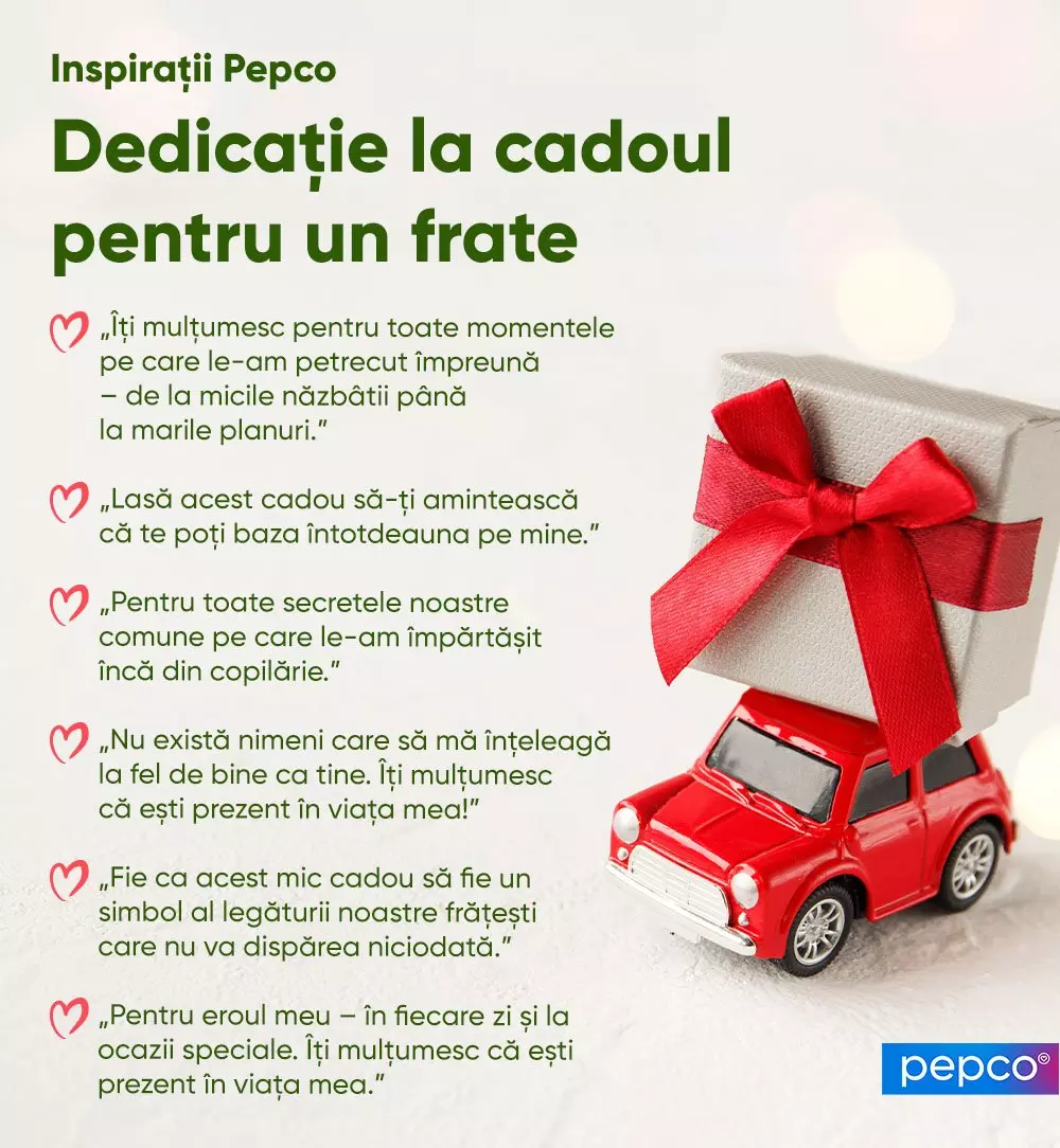 Mașinuță roșie de jucărie cu o cutie de cadou pe acoperiș, alături de mesaje de mulțumire pentru un frate de la Pepco.
