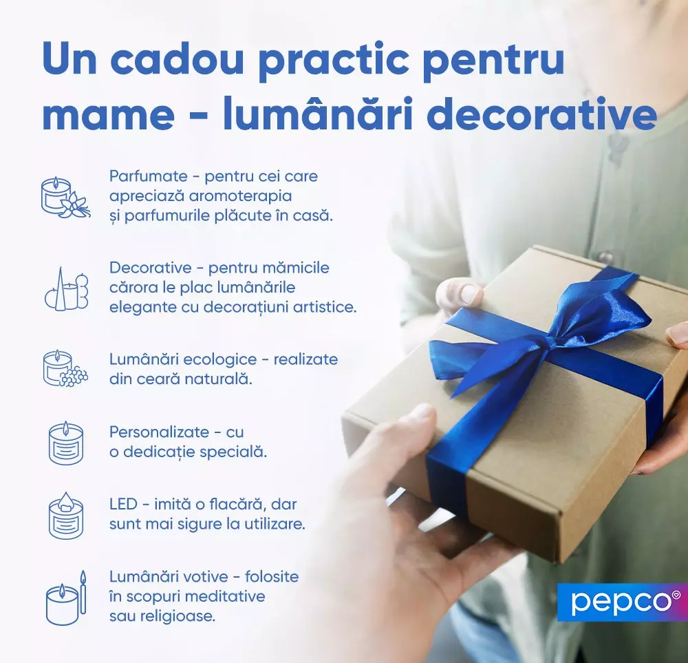 Cutie cadou cu fundă albastră și informații despre lumânări decorative pentru mame de la Pepco.