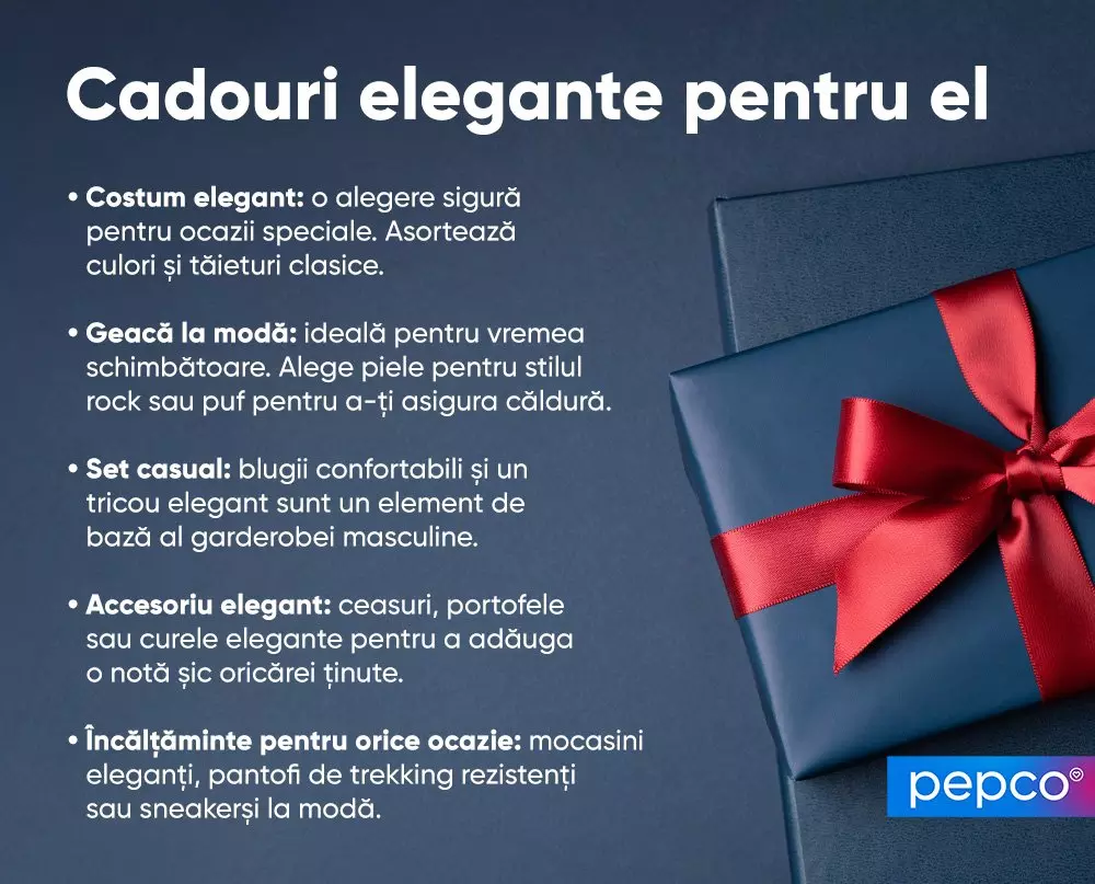 Cutie cadou albastră cu fundă roșie alături de sugestii de cadouri elegante pentru bărbați, de la Pepco.