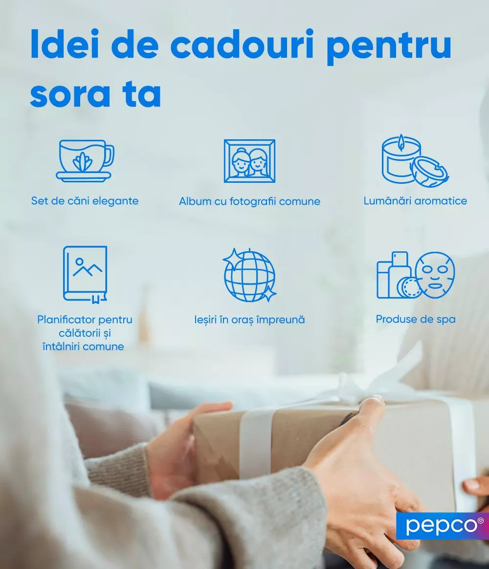 Mâini ținând un cadou împachetat, cu ilustrații pentru idei de cadouri pentru sora ta de la Pepco.