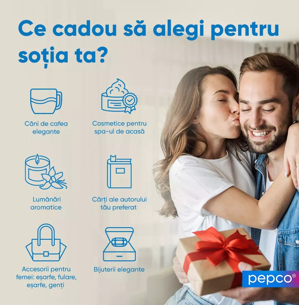 Cuplu fericit cu un cadou, alături de pictograme cu sugestii de cadouri pentru soție: căni, cosmetice, lumânări, cărți, accesorii și bijuterii.