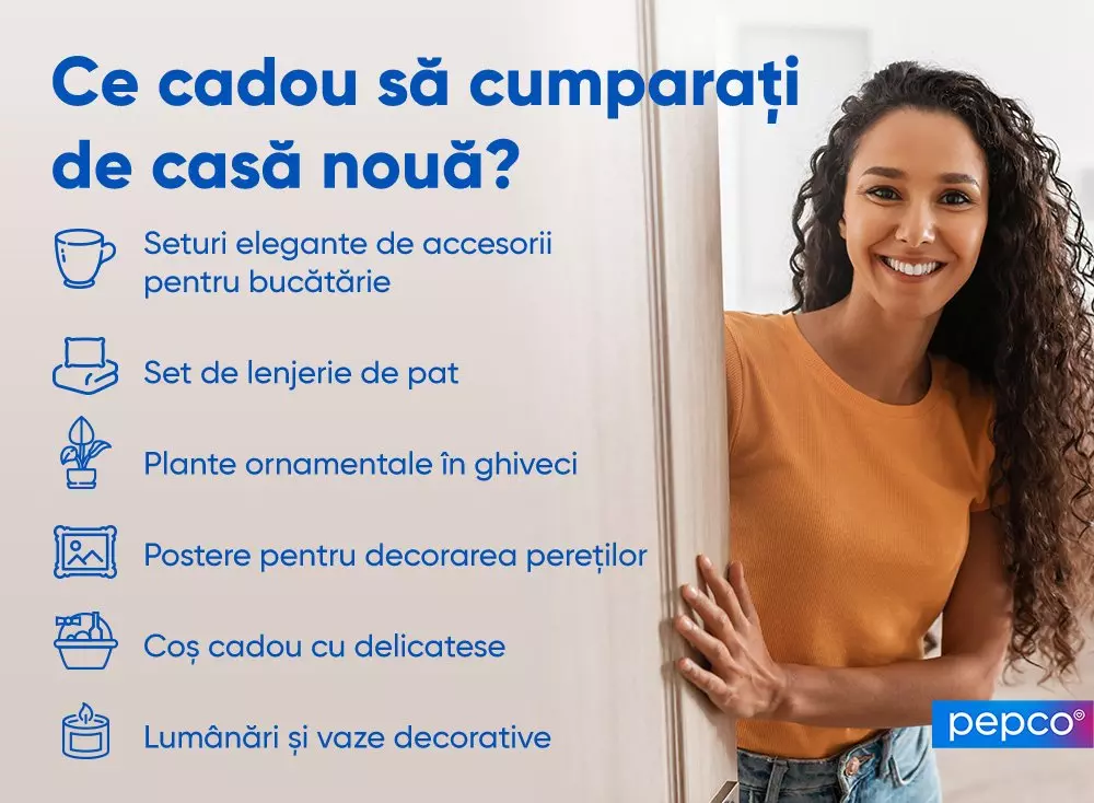 Imagine publicitară Pepco prezentând idei de cadouri pentru casă nouă cu pictograme pentru diferite categorii de produse decorative.