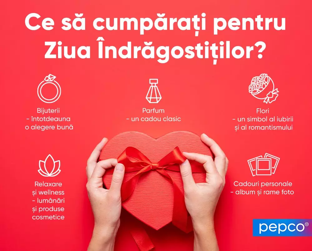 Mâini ținând o cutie roșie în formă de inimă, cu sugestii de cadouri pentru Ziua Îndrăgostiților de la Pepco.