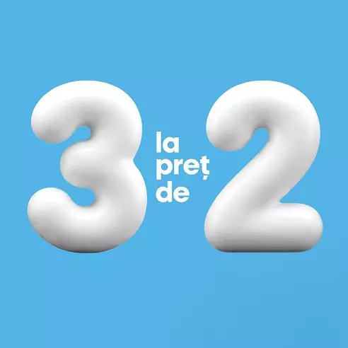 Ofertă promoțională Pepco 3 la preț de 2 cu cifre albe mari pe fundal albastru.
