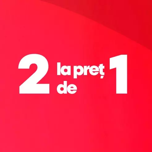 Pepco ofertă promoțională 2 la preț de 1 pe fundal roșu.