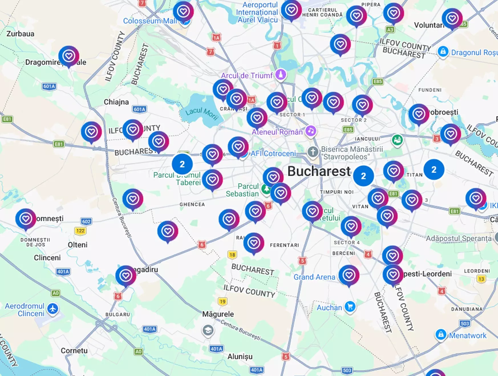 Hartă cu locațiile magazinelor Pepco din București și împrejurimi, marcate cu pinuri albastre și mov.
