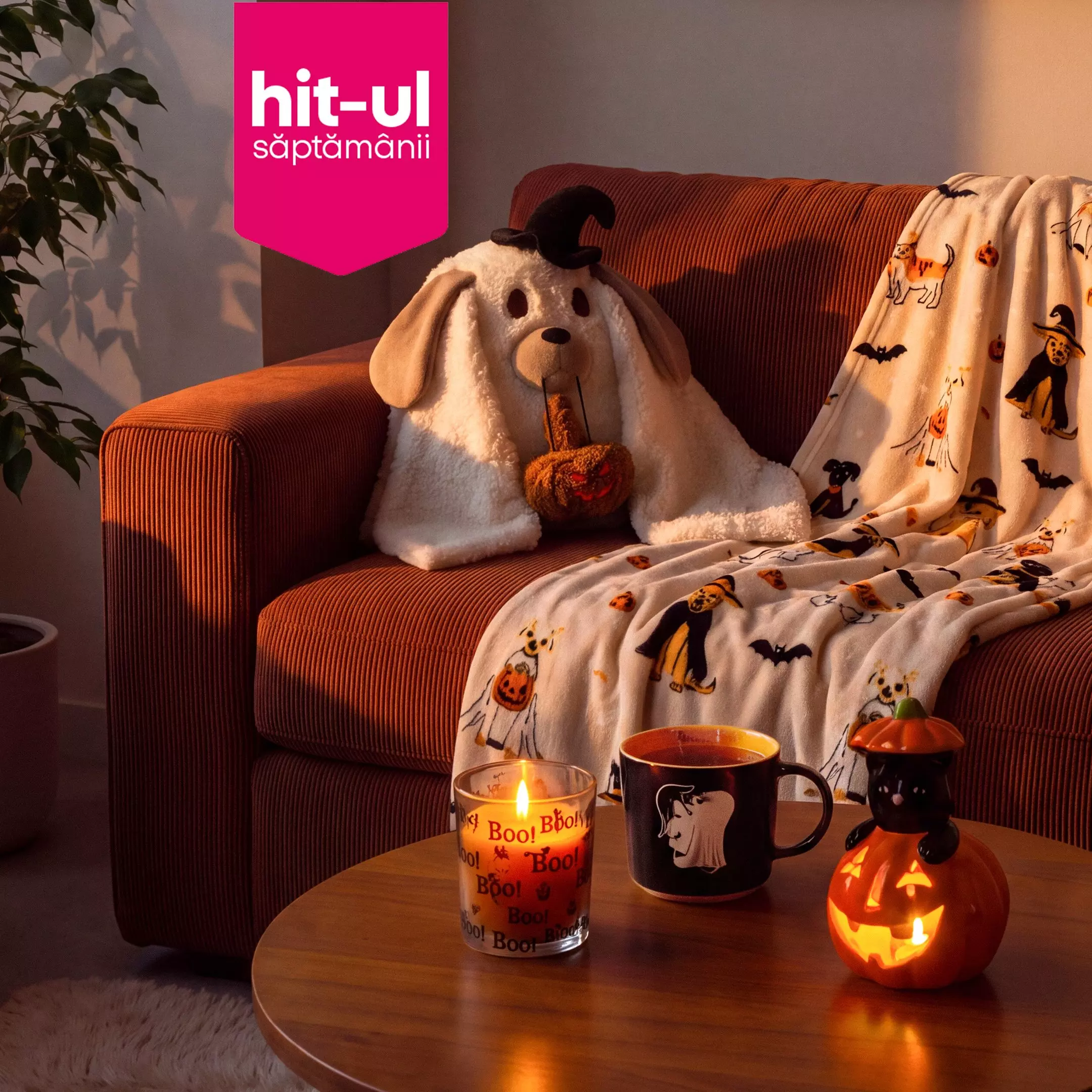 Decorațiuni Pepco de Halloween cu pernă în formă de câine, pături tematice și dovleac luminos pe masă.