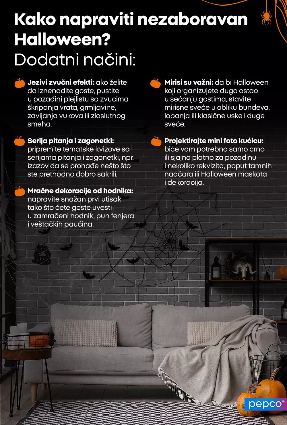Pepco infografika sa savetima za nezaboravan Noć veštica, prikazana u dnevnoj sobi sa ukrasnim paučinama i bundevama.