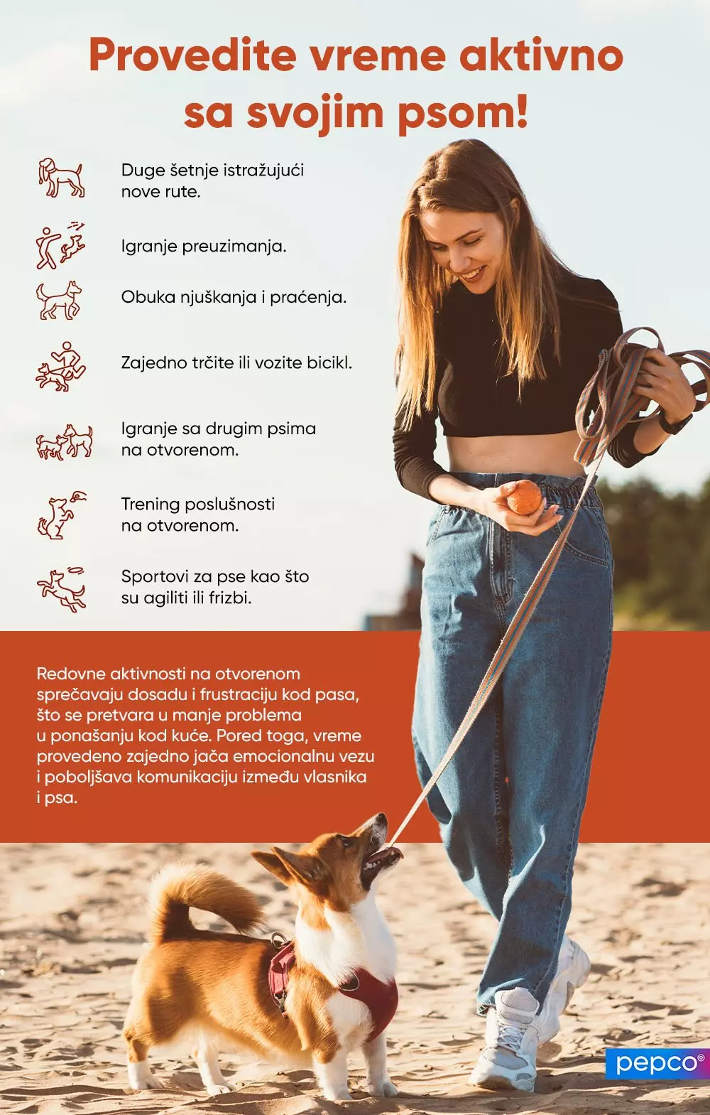 Pepco infografika o aktivnostima sa psom, prikazuje osobu na plaži sa psom i listu predloga za aktivno provođenje vremena zajedno.