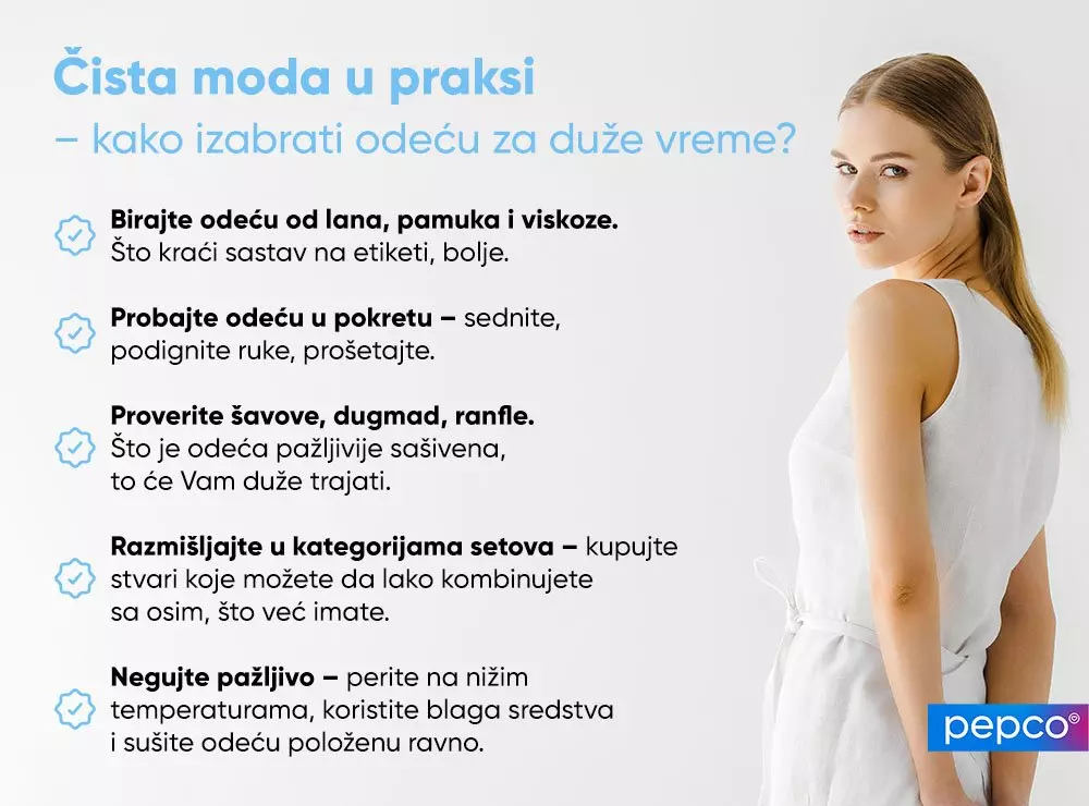 Pepco infografika o Clean fashion sa savetima za izbor odeće koja duže traje, prikazuje osobu u beloj haljini.