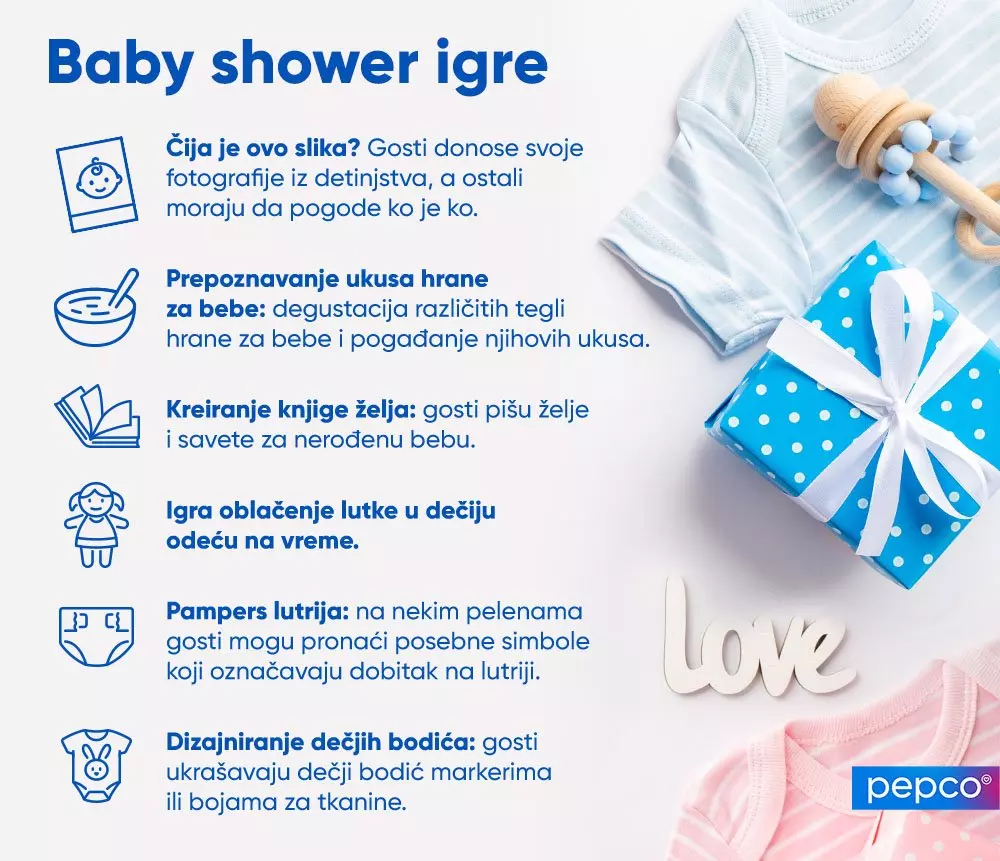 Pepco informativni plakat o igrama za baby shower sa plavim i roze bodićima, drvenom igračkom i poklonom, uz listu zabavnih aktivnosti.