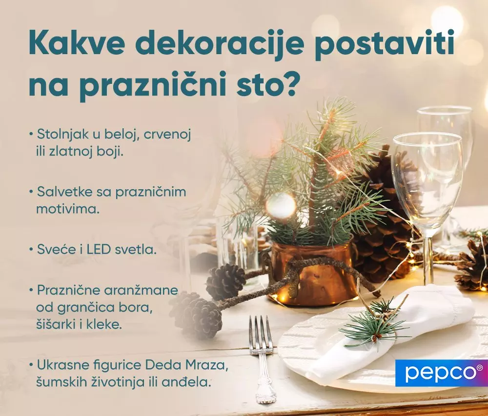 Pepco praznični vodič za dekoraciju božićnog stola sa idejama za centralne ukrase, stolnjake, salvete, sveće i ukrasne figure.