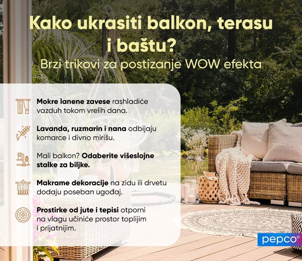 Pepco vodič za uređenje balkona, terase i bašte sa praktičnim savetima i prikazom elegantnog nameštaja od ratana sa jastucima.