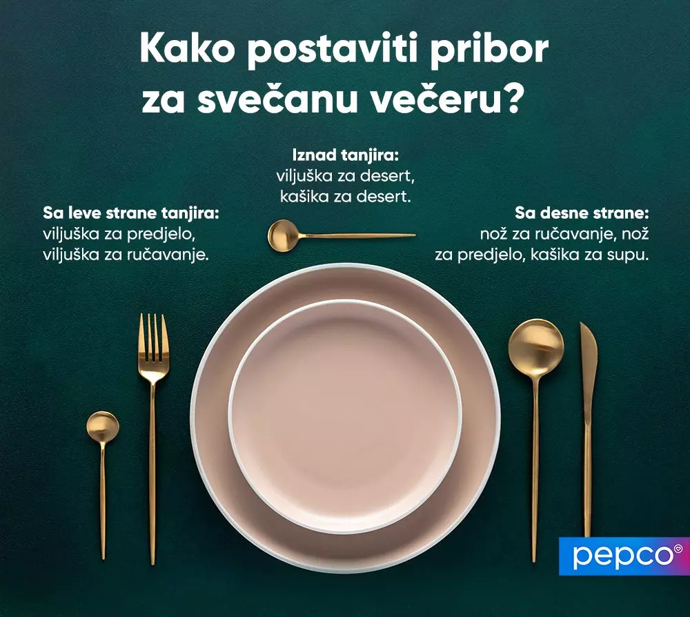 Pepco vodič za elegantno postavljanje pribora za jelo, sa tanjirima i zlatnim priborom raspoređenim prema pravilima bontona.