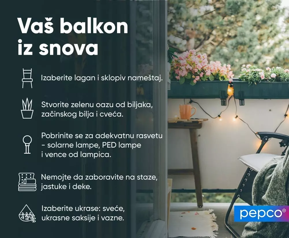 Pepco reklama za uređenje balkona sa savjetima i prikazom udobne terase sa cvećem, svetlosnim girlandama i stolicom.