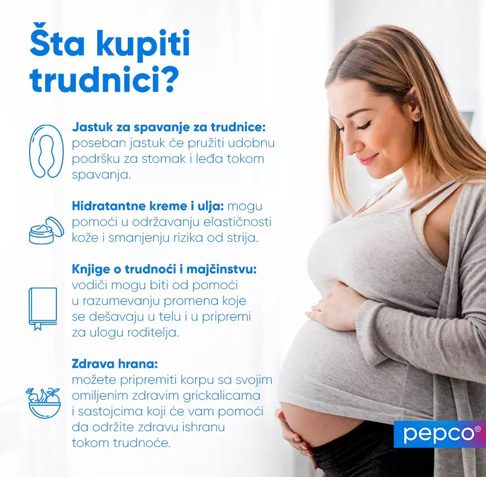 Pepco infografika sa preporukama za trudnice uključujući jastuk za trudnoću, hidratantne kreme, knjige i zdravu hranu.