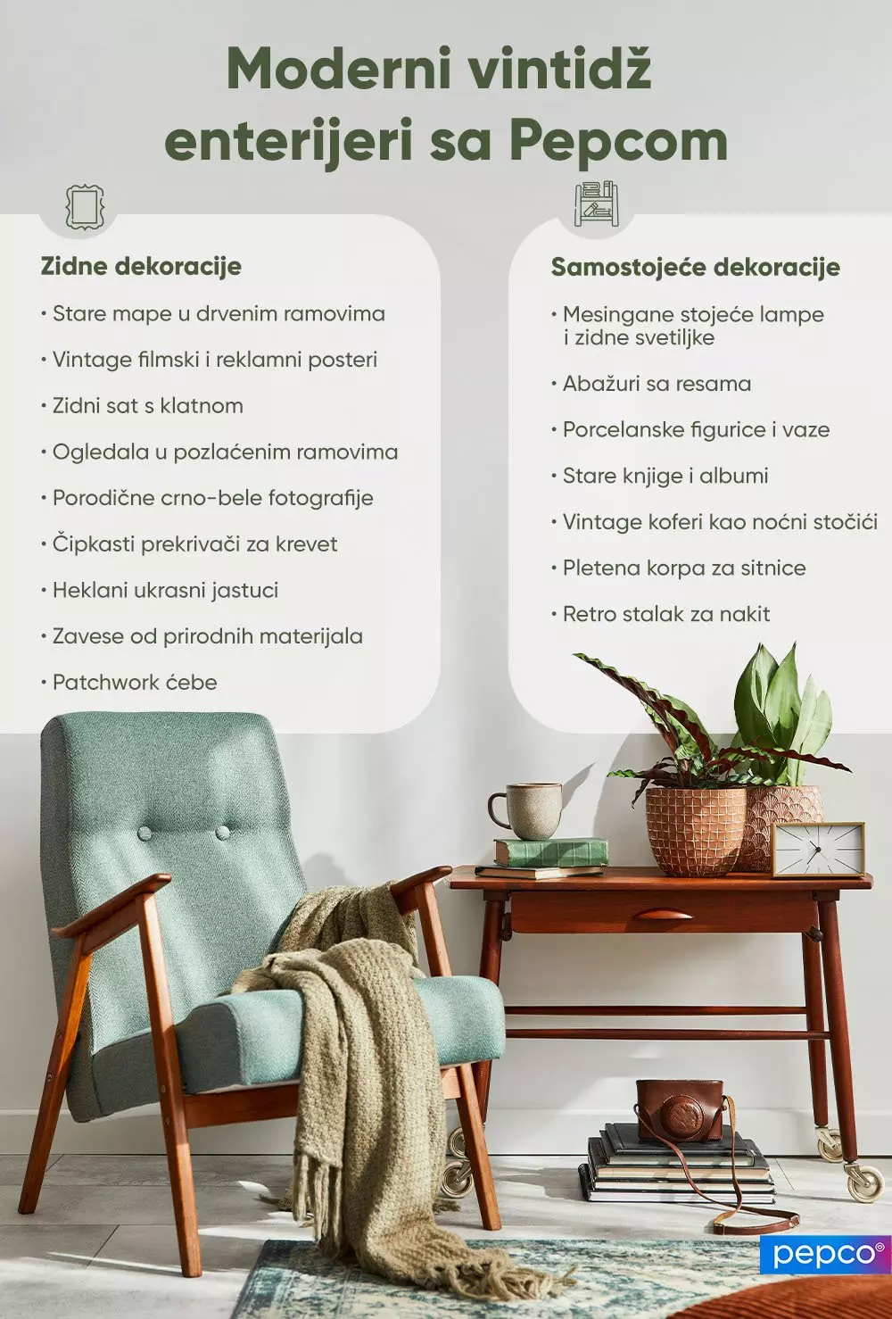 Pepco katalog vintage dekoracija za enterijer sa fotelja, stolom, biljkom i dekorativnim detaljima, uz listu zidnih i samostojećih ukrasa.